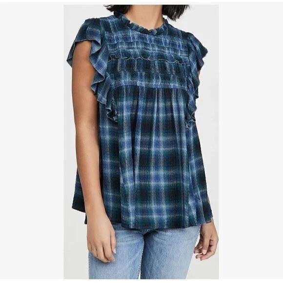 Free People‎ Not Your Average Girl Plaid Top Blue Gray Black Sleeveless XS - Picture 7 of 8